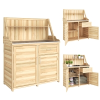 Outsunny Dulap de Grădină din Lemn cu Blat din Metal Galvanizat Sertar și Etajeră 100x45x129,5cm Natural