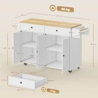HOMCOM Isla de cocina con ruedas, 2 cajones, 2 armarios, móvil, estante para especias, toallero, soporte para cuchillos, MDF, Blanco(m-3)