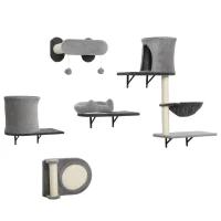 PawHut Estanterías murales para gato árbol rascador mural 5 piezas 2 nidos hamaca plataformas rascadores en sisal gris(m-1)