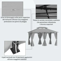 Outsunny Gazebo 4x3 m con 6 Tende e Tetto a 2 Livelli, in Acciaio e Poliestere, Grigio Scuro(m-6)
