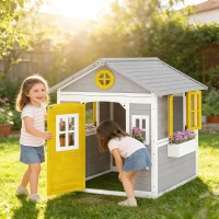Outsunny Casetta bambini legno con porta, finestre e fioriere, Grigio(m-2)