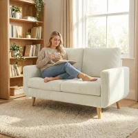 HOMCOM Canapea 2 locuri din velur reiat, canapea modernă de living 134 cm, șezut căptușit, perne cu arcuri, cremă(m-5)