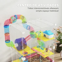 PawHut Gaiola para Hamsters com Túnel Comedouro Bebedouro Casa Rampas e Roda de Exercício 46x30x58 cm Rosa(m-4)