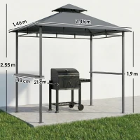Outsunny Pavillon de barbecue 2,4 x 1,4 m, abri de barbecue résistant au vent avec double toit et ventilation, étagères latérales(m-3)