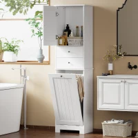HOMCOM Meuble de Salle de Bain avec Panier à Linge Pliable, Armoire et 2 Tiroirs, en Bois, 45x30x171 cm, Bianco(m-2)
