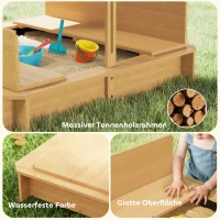 Outsunny Sandkasten 106x106 cm Kinder Sandbox aus Holz mit höhenverstellbar Abdeckung Sitzbänken Rücklehnen Hellbraun(m-9)