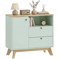 HOMCOM Bufet pentru living, mobilier de depozitare cu ușă, 2 sertare, compartiment deschis și raft reglabil, verde deschis și stejar(m-8)