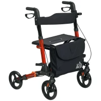 HOMCOM Andador para Ancianos Plegable de Aluminio con Asiento 4 Ruedas Altura Ajustable Frenos de Maneta Rojo y Negro(m-10)