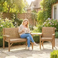 Outsunny Set 3 scaune de grădină, mobilier balcon cu orificiu pentru umbrelă, scaun de grădină, bancă, masă detașabilă 121x65x90 cm Lemn natural(m-5)