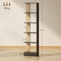 HOMCOM Libreria contenitore con 5 scomparti aperti, 45x21x170 cm, Nero e Rovere(m-3)