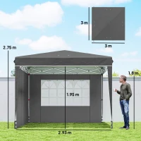 Outsunny Gazebo pieghevole 3x3 m con pareti laterali e borsa, protezione UV50+, Grigio(m-3)