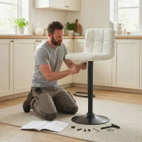 HOMCOM Lot de 2 Tabourets de Bar Réglables avec Repose-pieds, en Cuir PU et Acier, 39.5x44x88-110 cm, Crème(m-5)