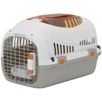 PawHut Transportadora para Gatos e Cães Pequenos de Plástico Suporta até 4 kg com Claraboia Taça Porta de Aço Cinzento Claro(m-1)