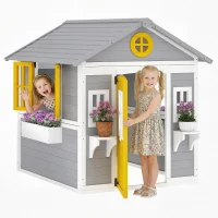 Outsunny Casetta bambini legno con porta, finestre e fioriere, Grigio(m-7)