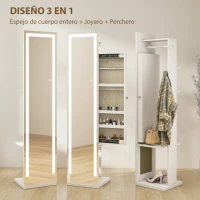 HOMCOM Espejo Joyero con Luces LED Espejo Entero Giratorio de 360° Estantes Abiertos Barras para Colgar Blanco(m-4)