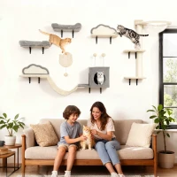 PawHut Estantes murales para gatos conjunto de muebles mural 6 piezas hamaca con cúpula acrílica caseta hamaca escalera beige(m-2)