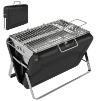 Outsunny Grătar pe cărbune din oțel inoxidabil BBQ Smoker cu grilă, mâner și picioare pliante pentru barbecue camping 40x28x25,5cm Negru(m-1)