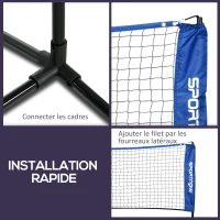 SPORTNOW Filet de badminton, filet portable, hauteur ajustable 107-155 cm, avec sac de transport, cadre métallique, noir, bleu(m-6)