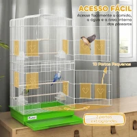 PawHut Gaiola para Pássaros Pajarera de Metal com 4 Comedouros 3 Poleiros Baloiço e Bandeja Removível Alça 46,5x35,5x92 cm Verde(m-4)