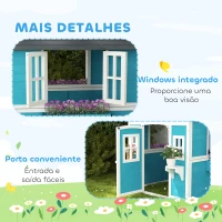 Outsunny Casinha de Madeira Infantil com Porta Janelas Floreiros e Prateleiras com Detalhes Coloridos 114x126,4x135 cm Azul(m-7)