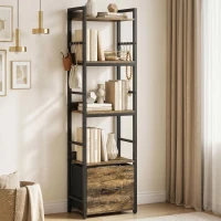 HOMCOM Bibliotecă cu 4 niveluri, etajeră de depozitare îngustă cu sertar, 8 cârlige, , 39 x 26 x 136,5 cm, maro rustic(m-6)