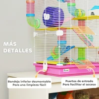 PawHut Jaula de Hámster con Túnel Plataformas Cuenco Bebedero Casita Rampas y Rueda de Ejercicio 46x30x58 cm Rosa(m-7)