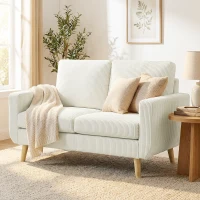 HOMCOM Sofá 2 plazas en terciopelo acanalado, sofá de salón moderno 134 cm, asiento acolchado, cojín con muelles, crema(m-6)