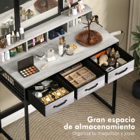 HOMCOM Tocador de Maquillaje con Espejo Tríptico Desmontable Taburete 3 Cajones de Tela Soporte para Secador de Pelo Gris(m-5)