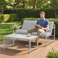 Outsunny Set mobilier de grădină exterior 2 piese, canapea cu perne, masă de cafea cu blat din sticlă securizată marmorat 3D, 125x80x64cm, gri deschis(m-6)