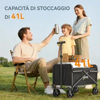 Outsunny Carrello da Giardino Pieghevole da 41L con 4 Ruote, Carrello da Campeggio in Metallo e Tessuto Oxford con Borsa da Trasporto e Maniglia Girevole e Regolabile, Nero(m-4)