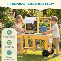 AIYAPLAY Bucătărie de jucărie exterioară din lemn cu roți Apă reală Ghivece Tablă și 15 accesorii 84,2x34,4x90 cm Galben(m-5)