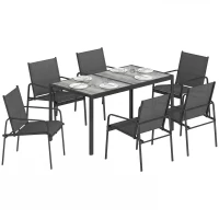 Outsunny Conjunto de Mesa y Sillas Jardín con Mesa de Efecto Madera y 6 Sillas con Asiento Transpirable para Terraza Patio Negro(m-10)