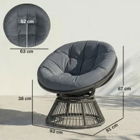 Outsunny Scaun Papasan rotativ 360° Fotoliu din coș cu pernă Cadru din oțel Fotoliu rotund din ratan Loungesessel Gri(m-3)