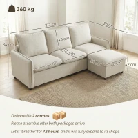 HOMCOM Divano 3 posti angolare modulare con pouf contenitore, 212 cm, Crema(m-3)