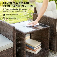 Outsunny Set da Giardino 3pz in Rattan PE e Acciaio con 2 Poltrone con Cuscini e Tavolino da Caffè, Marrone e Crema(m-7)