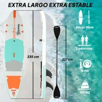 Outsunny Planche de Paddle Surf Gonflable SUP Extra Longue 335 cm avec Siège Pagaie Convertible Ailerons Pompe et Sac de Transport Charge 180 kg(m-3)