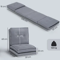 HOMCOM Poltrona da Pavimento Pieghevole in Velluto a Coste, Materassino da Pavimento con Schienale Regolabile in 5 Posizioni, 59x230x15 cm, Grigio(m-3)
