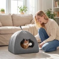 PawHut Cat Cave Bed for Indoor Kittens, Cat House with Removable Cushion and Teaser Ball, Kitty Igloo with Anti-Slip Base, 42 x 42 x 39 cm, Grey(m-2)