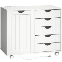 HOMCOM Mobilier pentru imprimantă cu stație de încărcare și roți 5 sertare porturi USB poliță reglabilă alb(m-1)
