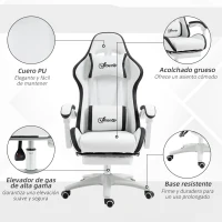 Vinsetto Silla Gaming Silla Gamer de Cuero PU Altura Ajustable Reclinable 135° Reposacabezas y Reposapiés 65x65x121-129 cm Blanco(m-7)