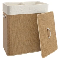 HOMCOM Cesto de Ropa Sucia de Bambú con 2 Compartimentos Asas para Facilitar el Uso y Bolsas Desmontables Lavables 52x32x63 cm(m-1)