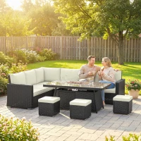 Outsunny 7 Pieces PE Rattan Garden Furniture Set, 50,000 BTU Gas Fire Pit Table, Double Corner Sofa and 3 Footstools(m-2)
