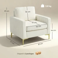 HOMCOM Poltrona da salotto in velluto con seduta larga e cuscino, 81x77x81 cm, Crema(m-3)