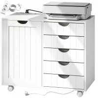 HOMCOM Mobilier pentru imprimantă cu stație de încărcare și roți 5 sertare porturi USB poliță reglabilă alb(m-6)