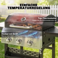 Outsunny Gasgrill 9 KW 3 Brenner BBQ Grillwagen Edelstahl inkl klappbar Seitentisch Gewürzhalter Unterregal 6 Haken(m-5)