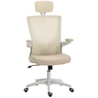 HOMCOM Scaun birou ergonomic, scaun de birou, cotiere rabatabile, suport lombar, tetieră, 60x63x120cm, bej(m-1)