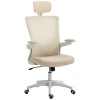 HOMCOM Scaun birou ergonomic, scaun de birou, cotiere rabatabile, suport lombar, tetieră, 60x63x120cm, bej(m-6)