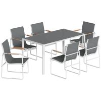 Outsunny Set tavolo e 6 sedie da giardino con piano in vetro temperato, Bianco e Grigio