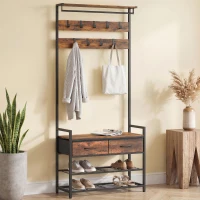 HOMCOM Porte-manteau sur pied avec crochets, banc à chaussures, organiseur d'entrée industriel, cadre en acier, Brun rustique(m-4)