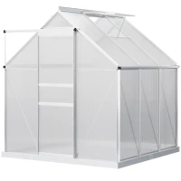 Outsunny Serre de jardin 3,6 m² en aluminium polycarbonate avec fondation, 190 x 190 x 200 cm, serre avec fenêtre réglable porte coulissante, abri extérieur résistant aux intempéries, argent(m-12)